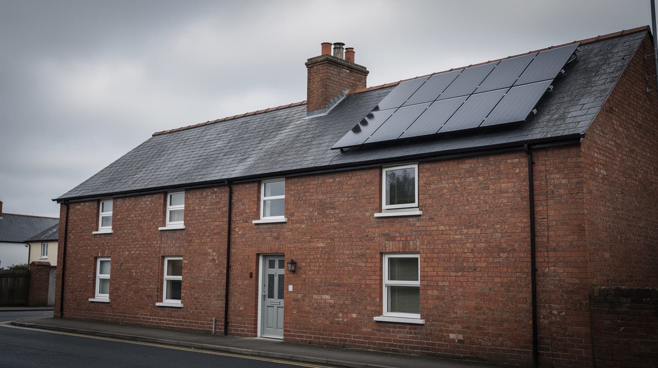 Small four-panel solar array on the roof of an Irish terraced house