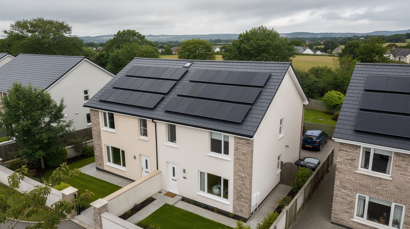 Aerial view of an Irish semi-detached home with 12 black solar panels arranged in three rows on the slate roof