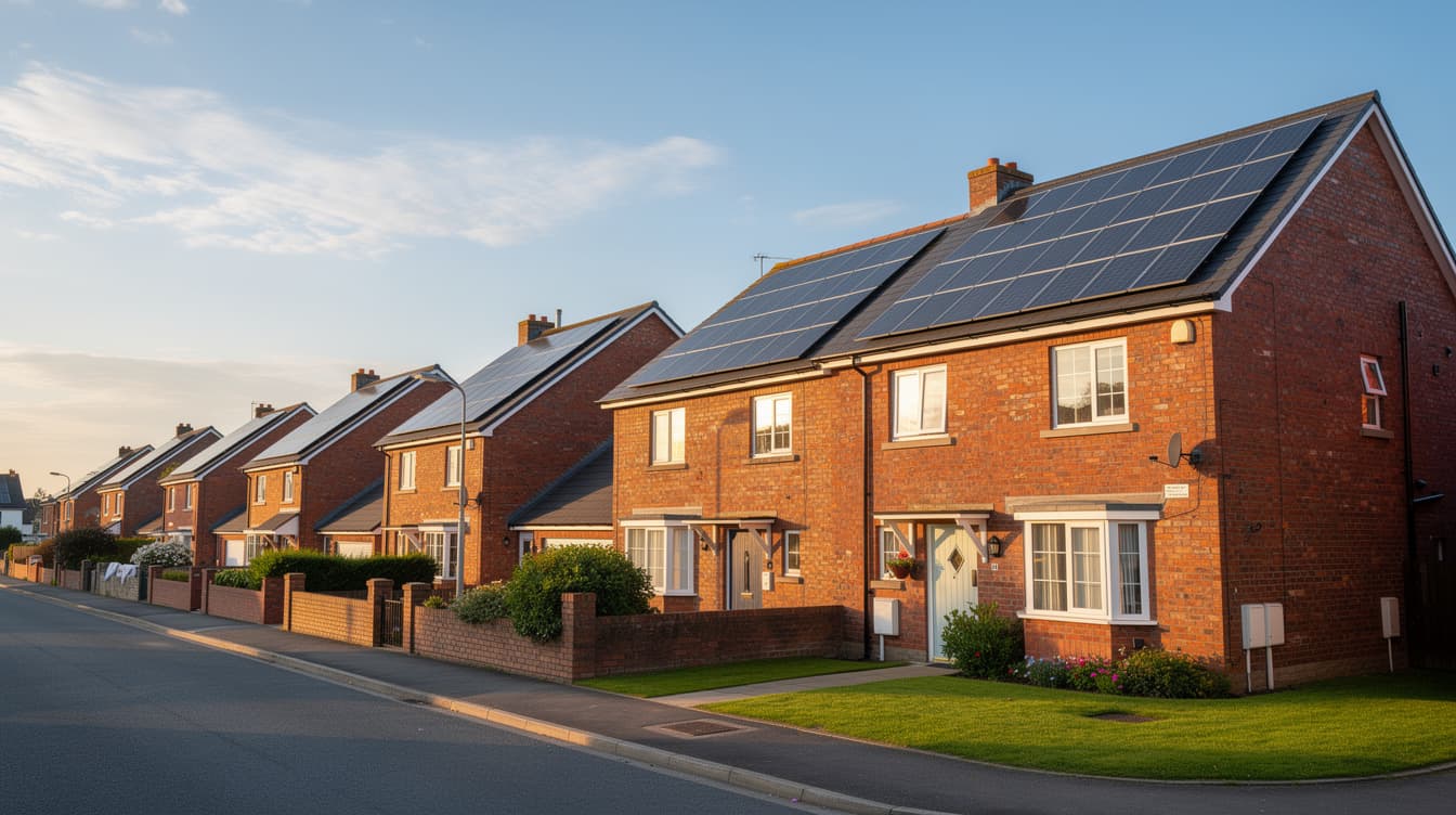 Row of Irish semi-detached houses with solar panels installed on south-facing rooftops