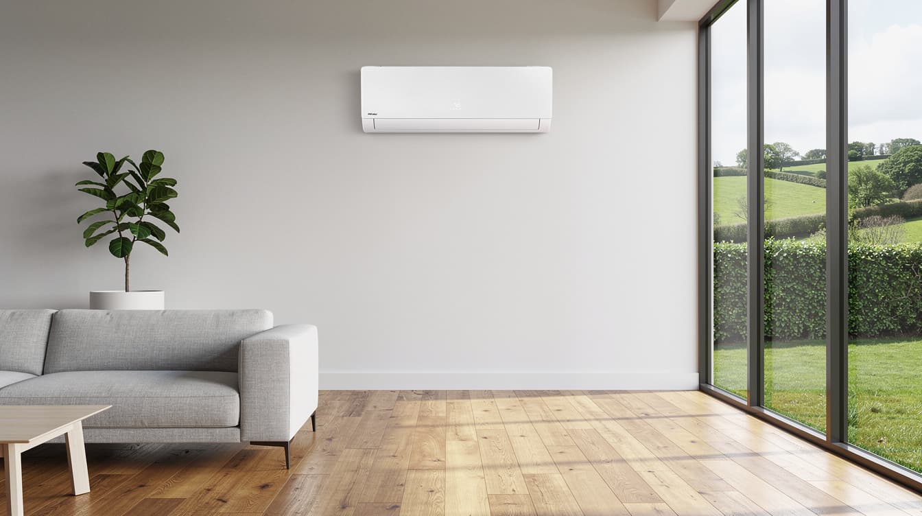 Modern wall-mounted air-to-air heat pump split unit in a contemporary Irish living room with view of green countryside