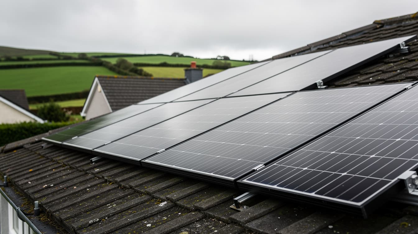 Modern black monocrystalline solar panels installed on an Irish suburban house rooftop with green hills in background