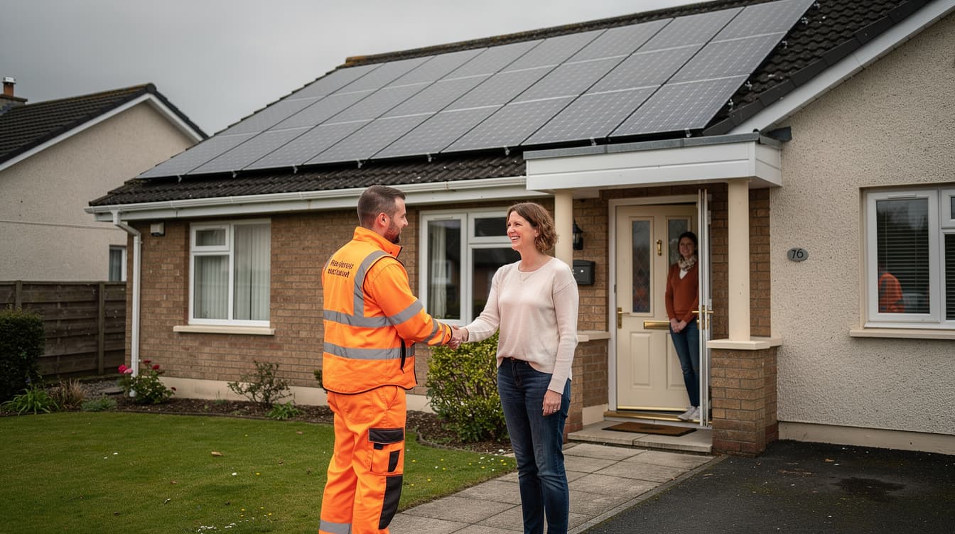 Solar installer in orange hi-vis vest shaking hands with homeowner outside an Irish house with solar panels on the roof