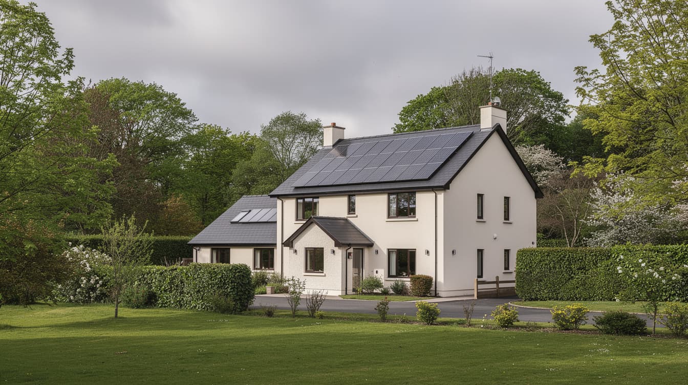 Detached house in Ireland with solar panels on the roof, green garden and trees