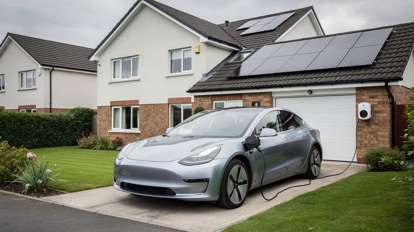 Electric car charging in driveway of Irish house with solar panels on the roof