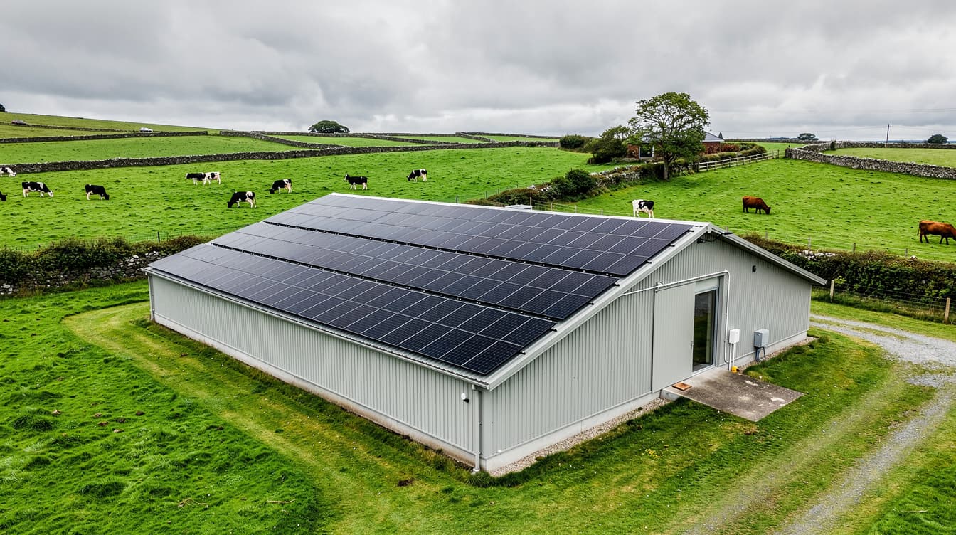 Large Irish farm shed with solar panels on roof surrounded by green fields and cattle