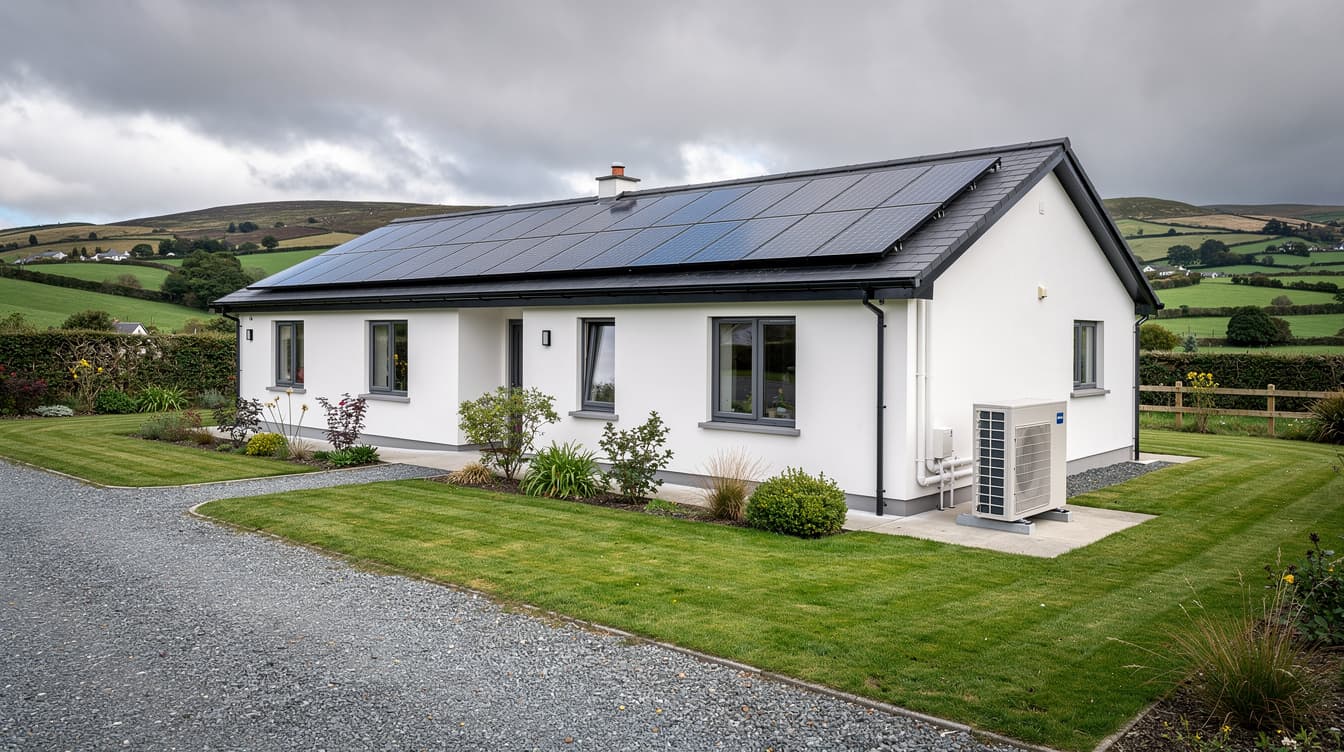 Irish bungalow with solar panels on roof and heat pump unit installed beside the house, green countryside in background