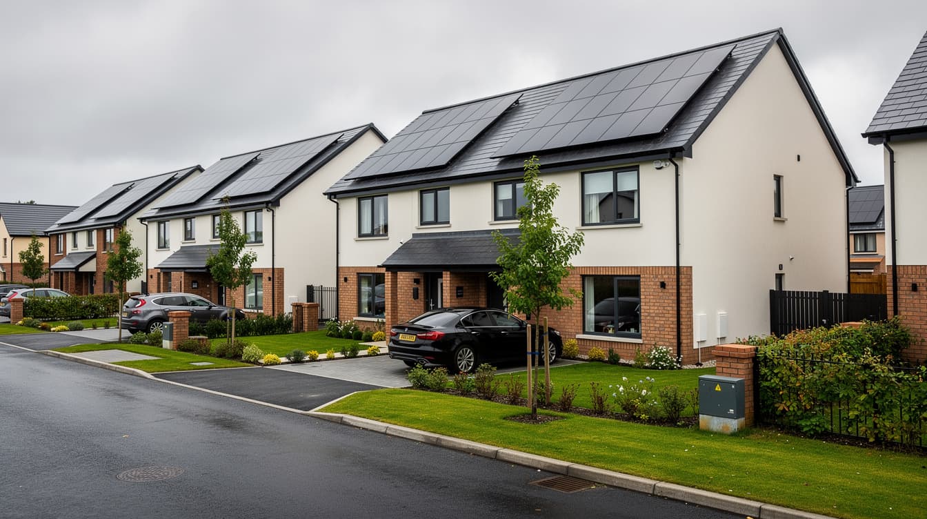 Row of modern new build houses with solar panels on roofs in Irish housing estate under overcast sky