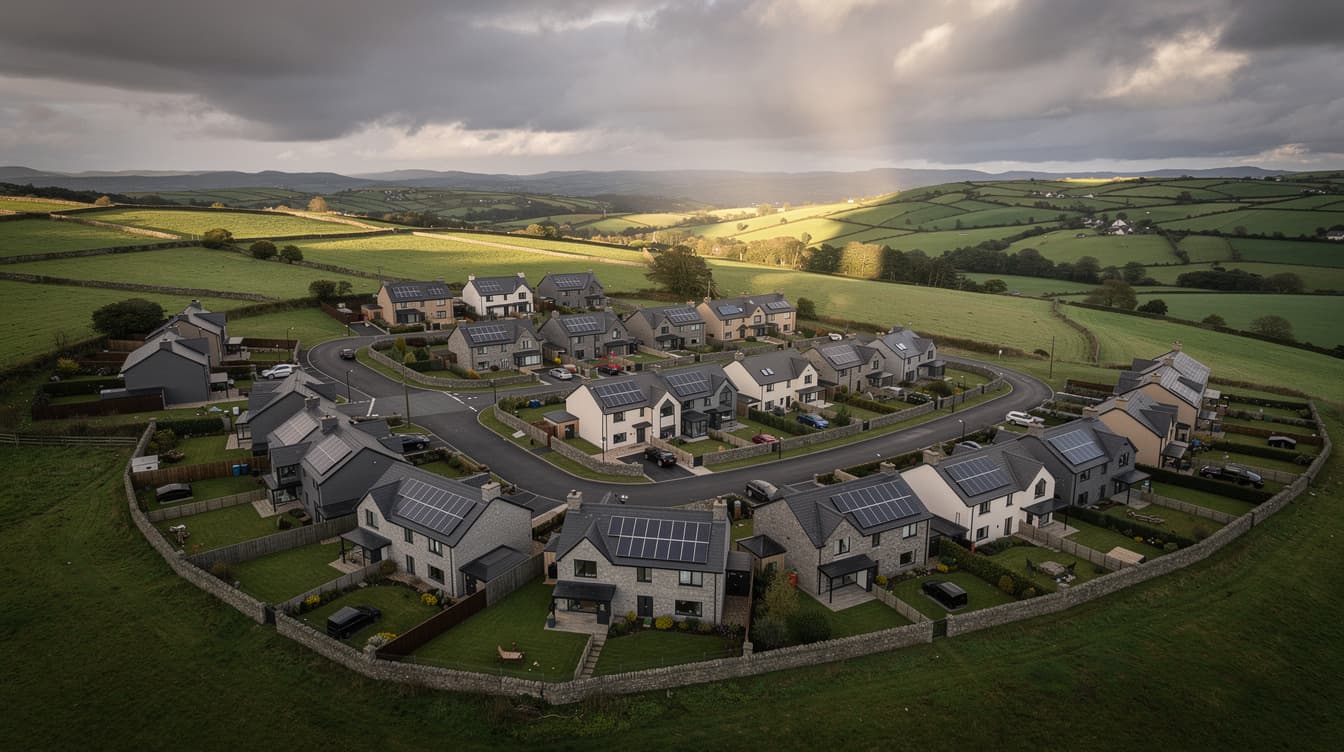 Aerial view of Irish housing estate with solar panels on roofs, green hills and dramatic sky