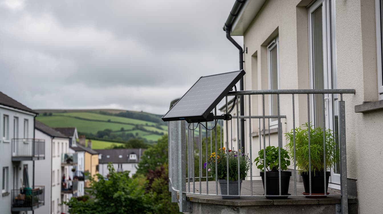 Plug-in solar panel mounted on an apartment balcony railing in an Irish town with green hills in background