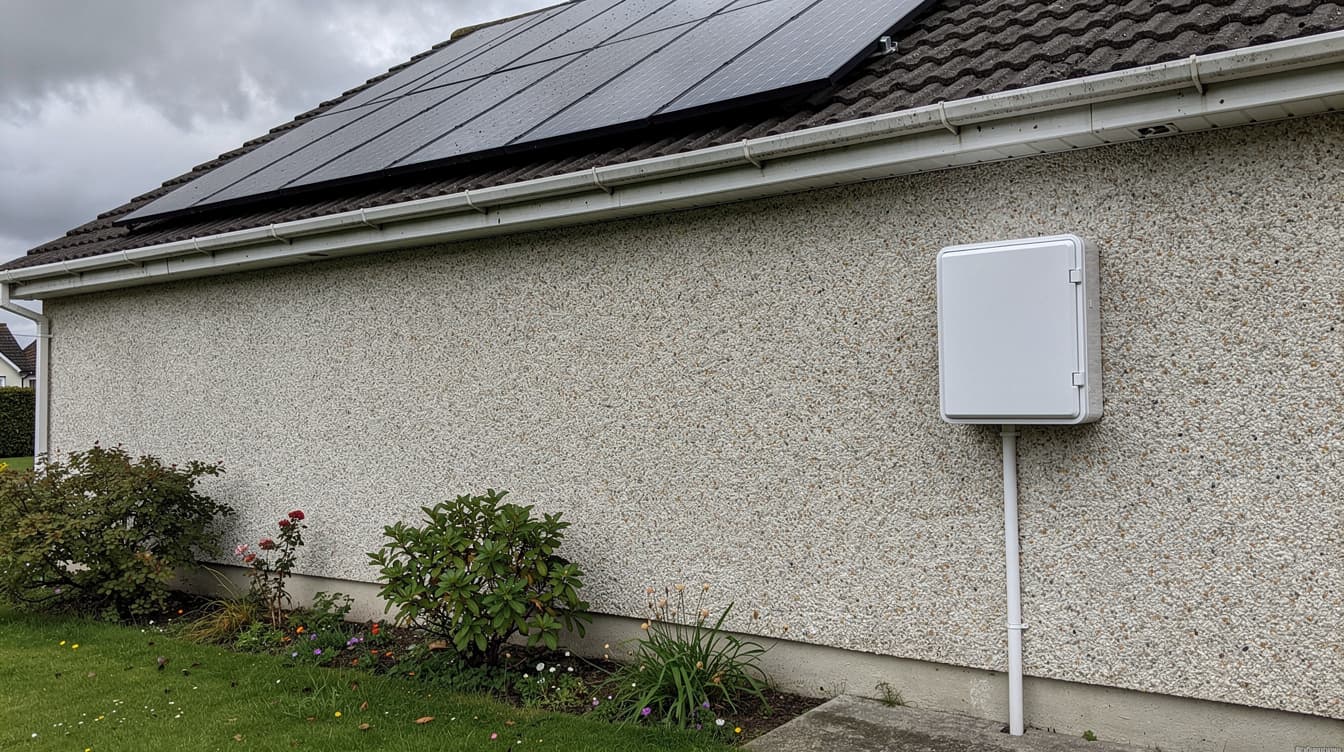 Smart meter box on exterior wall of Irish pebble-dash house with solar panels on roof