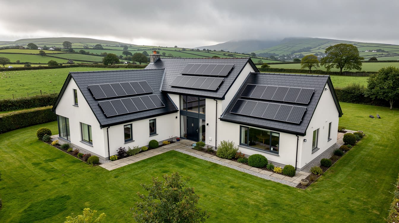 Aerial view of a large Irish 4-bedroom detached house with solar panels on the roof surrounded by green countryside