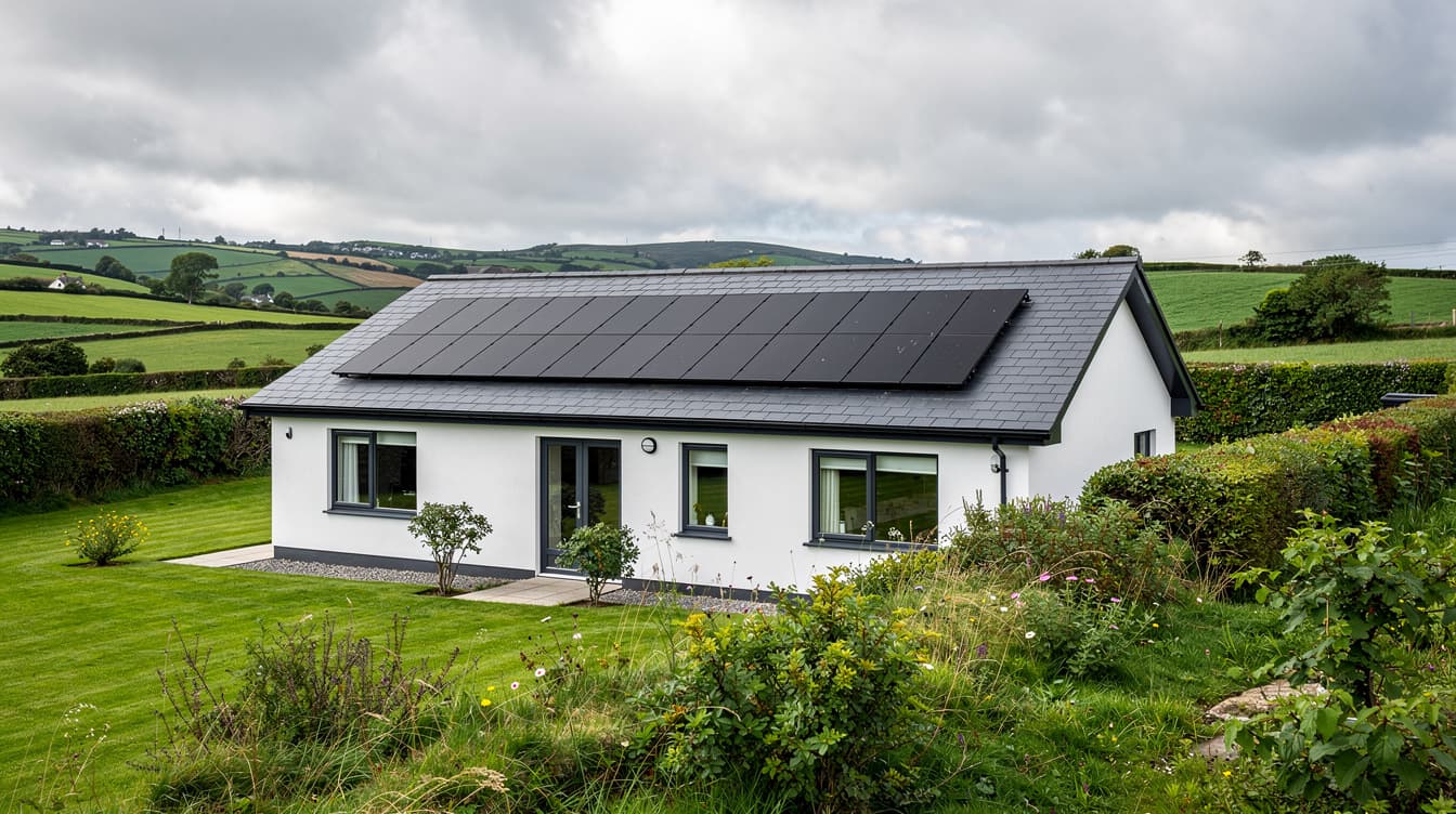 Modern Irish bungalow with black solar panels on slate roof, green countryside and overcast sky