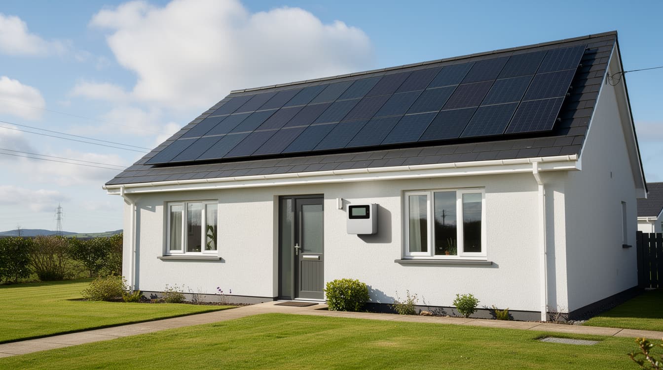 Irish house with solar panels on roof and smart meter box on exterior wall