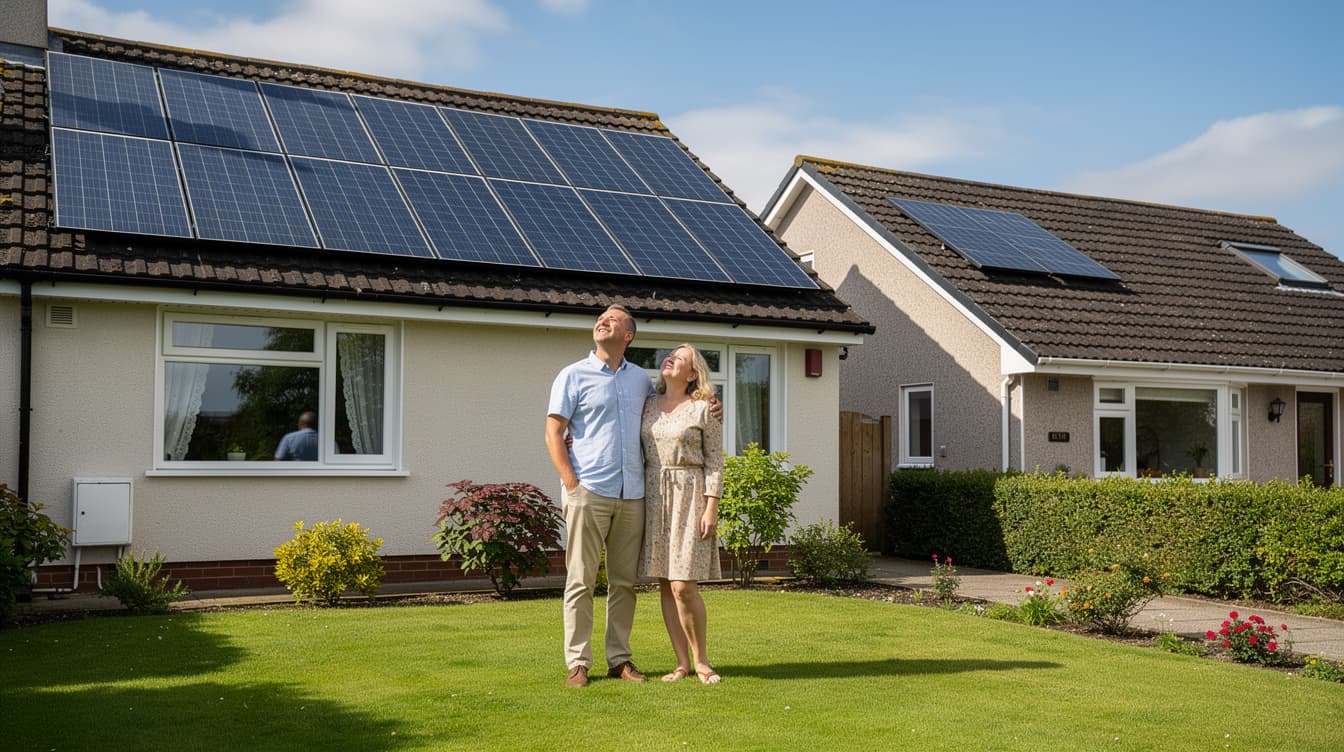 Irish couple looking up at solar panels on their semi-detached house roof
