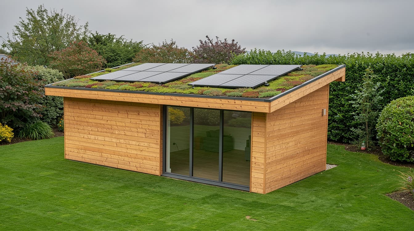 Modern timber garden room in an Irish back garden with solar panels on its green sedum roof