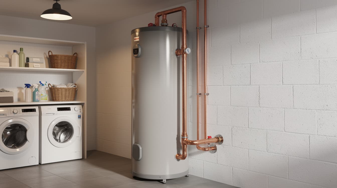 Hot water cylinder with copper pipes and immersion heater in an Irish utility room