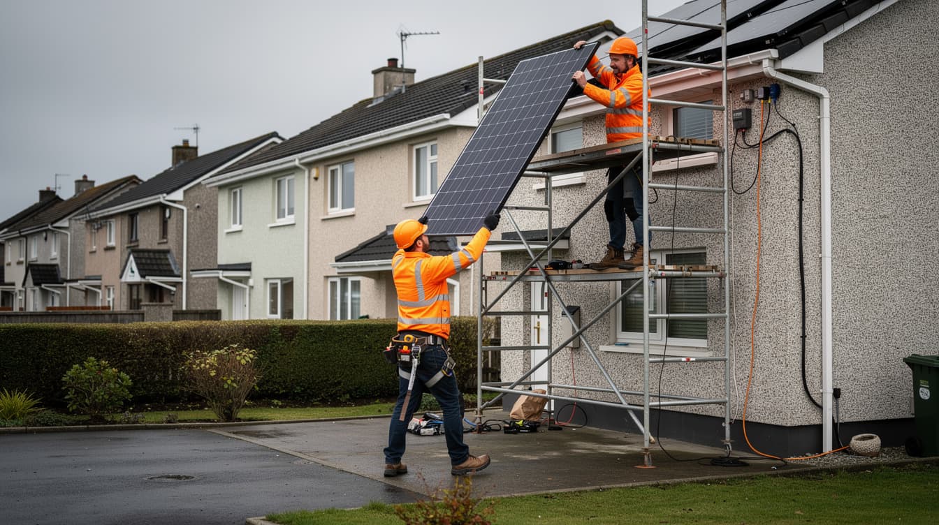 Two solar installers in hi-vis vests carrying solar panel up scaffolding on Irish semi-detached house