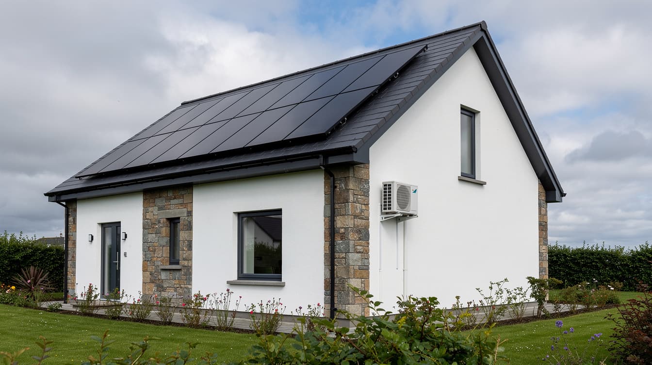 Modern Irish house with solar panels on roof and air conditioning unit on wall