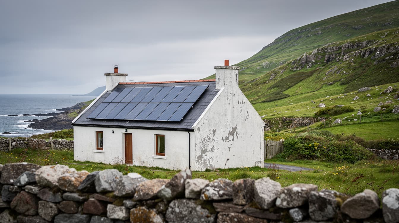 Solar panels on a whitewashed Donegal cottage with Atlantic coast and green hills in background