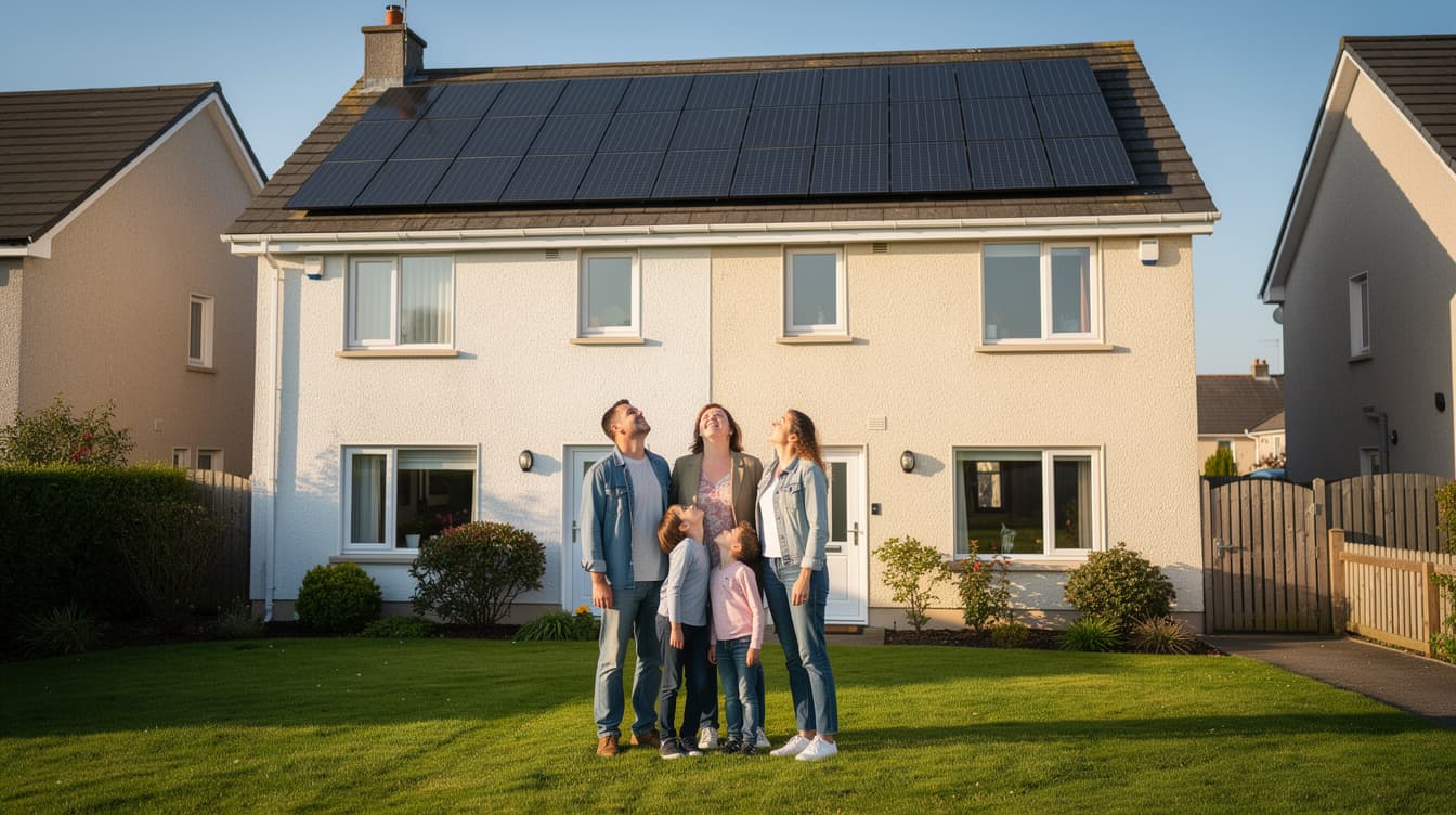 Irish family standing in front garden looking up at solar panels on their semi-detached house roof