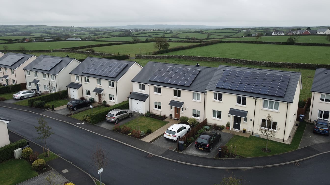 Aerial view of modern Irish housing estate in County Louth with solar panels on rooftops and green fields