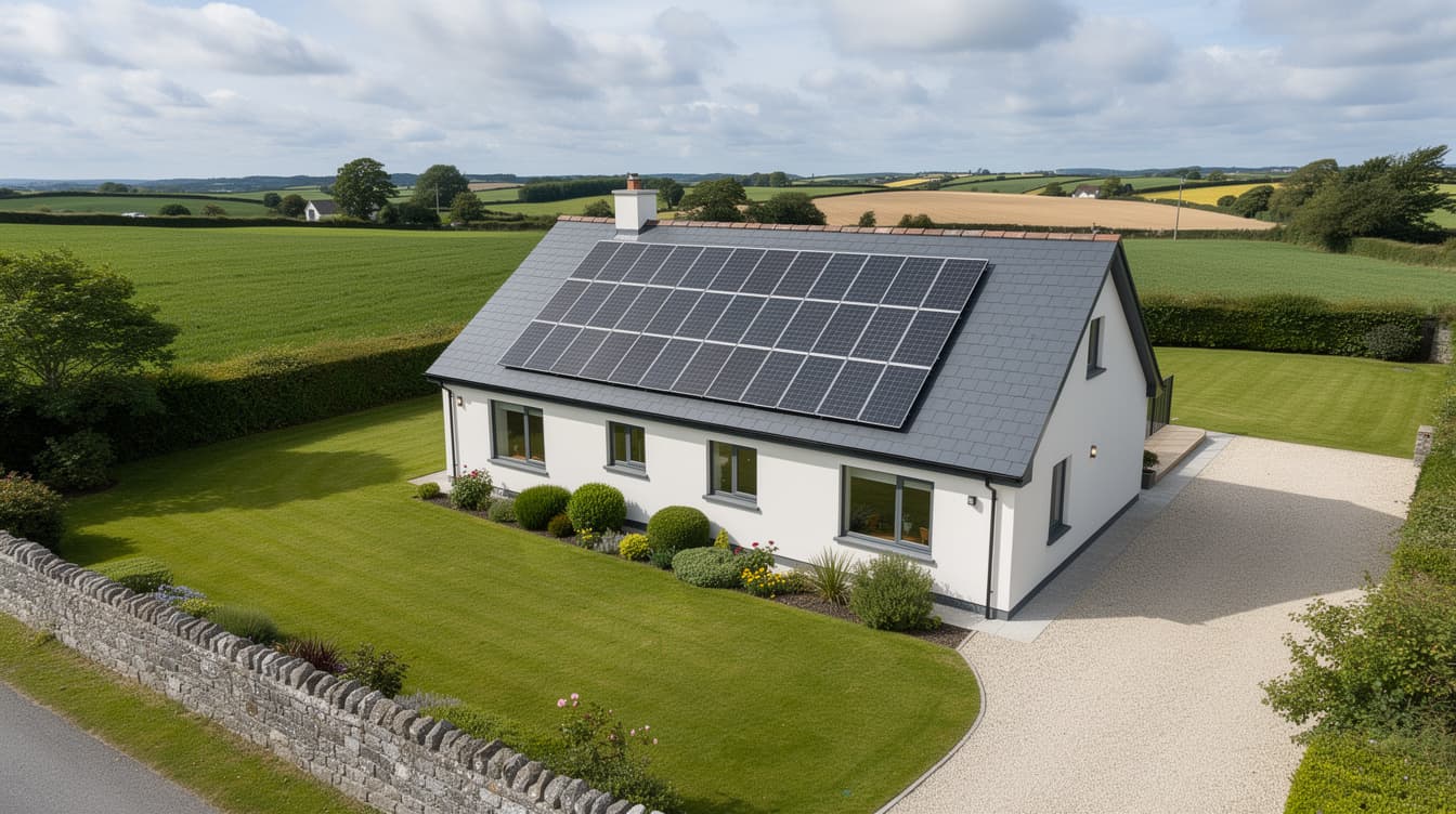 Modern Irish detached home with south-facing solar panels covering the slate roof