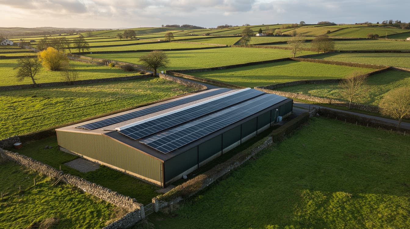 Aerial view of a large commercial solar PV array on an Irish agricultural shed roof, surrounded by green farmland and stone walls in late afternoon light