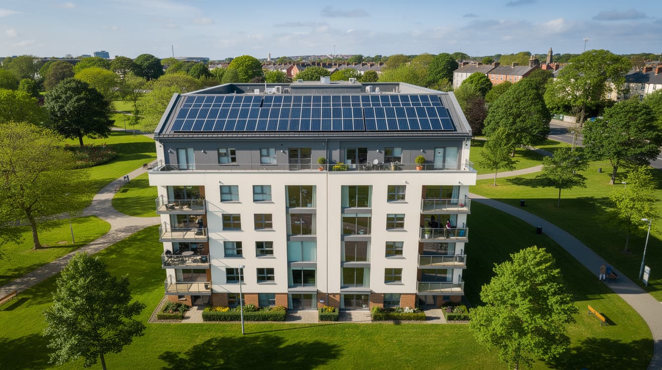Aerial view of a modern Dublin apartment block with solar panels covering the flat rooftop