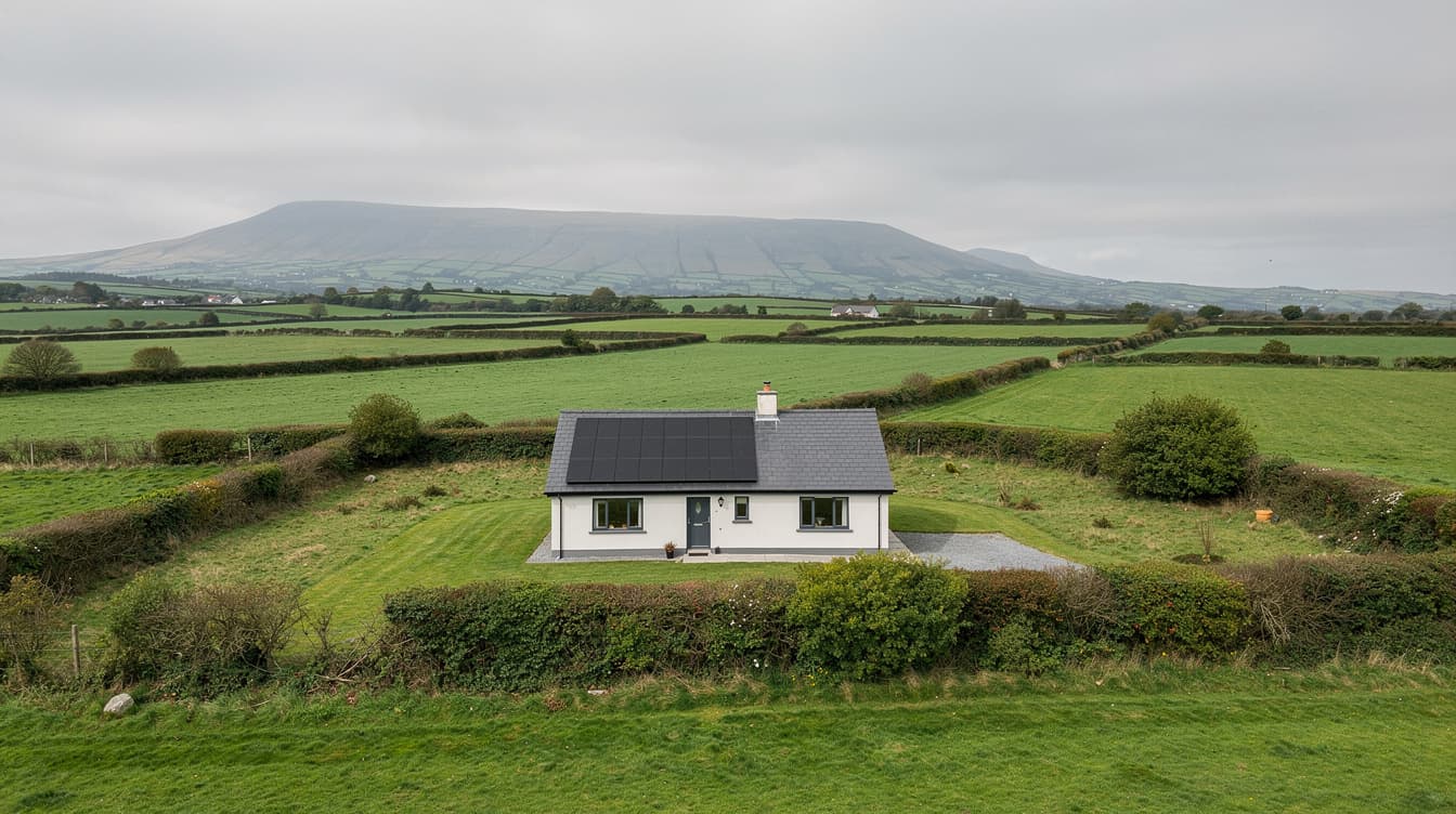 Single-storey rural Carlow detached bungalow with black solar panels on south-facing slate roof, green farmland and Blackstairs Mountains visible in distance