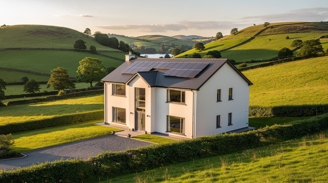 Modern two-storey detached Irish home on a gentle drumlin slope outside Virginia, county Cavan, with slate-grey solar PV panels on a south-east facing gable roof and green rolling drumlin hills behind in late summer evening light