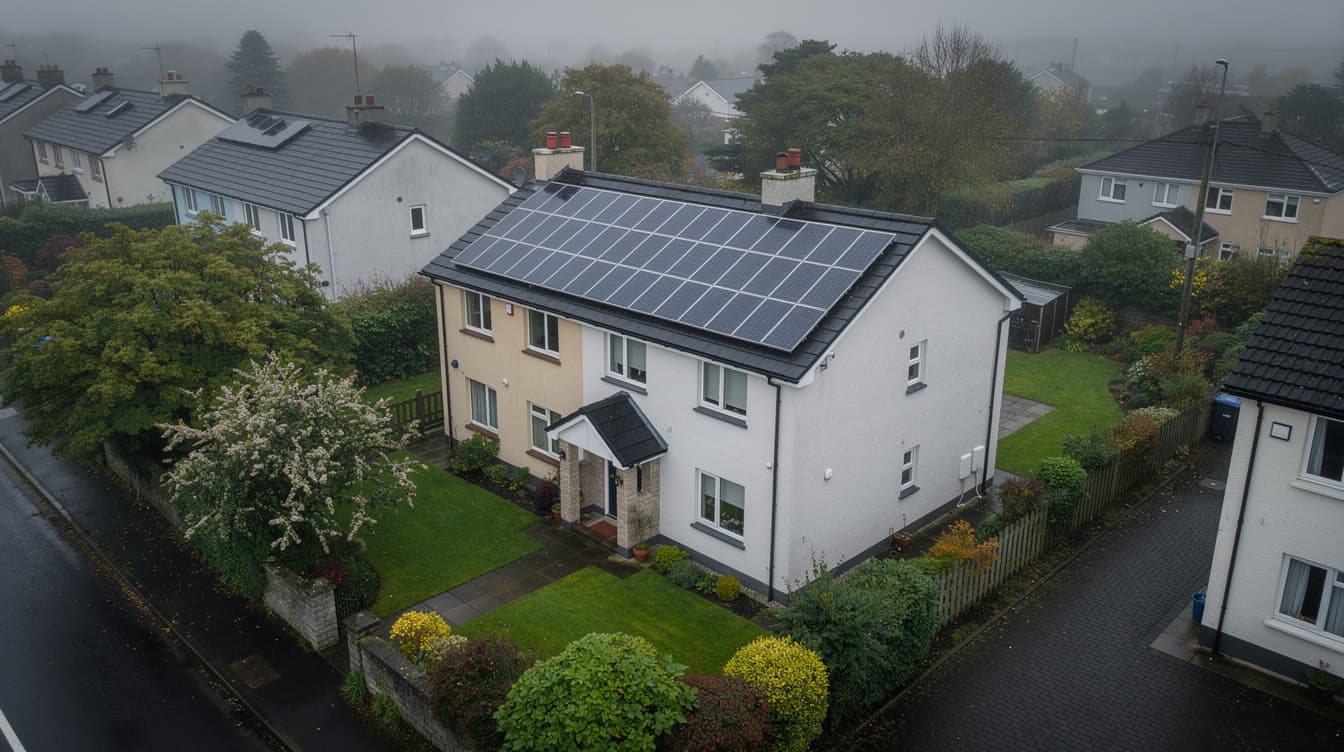 Aerial view of an Irish home with a full rooftop solar panel array, 2026