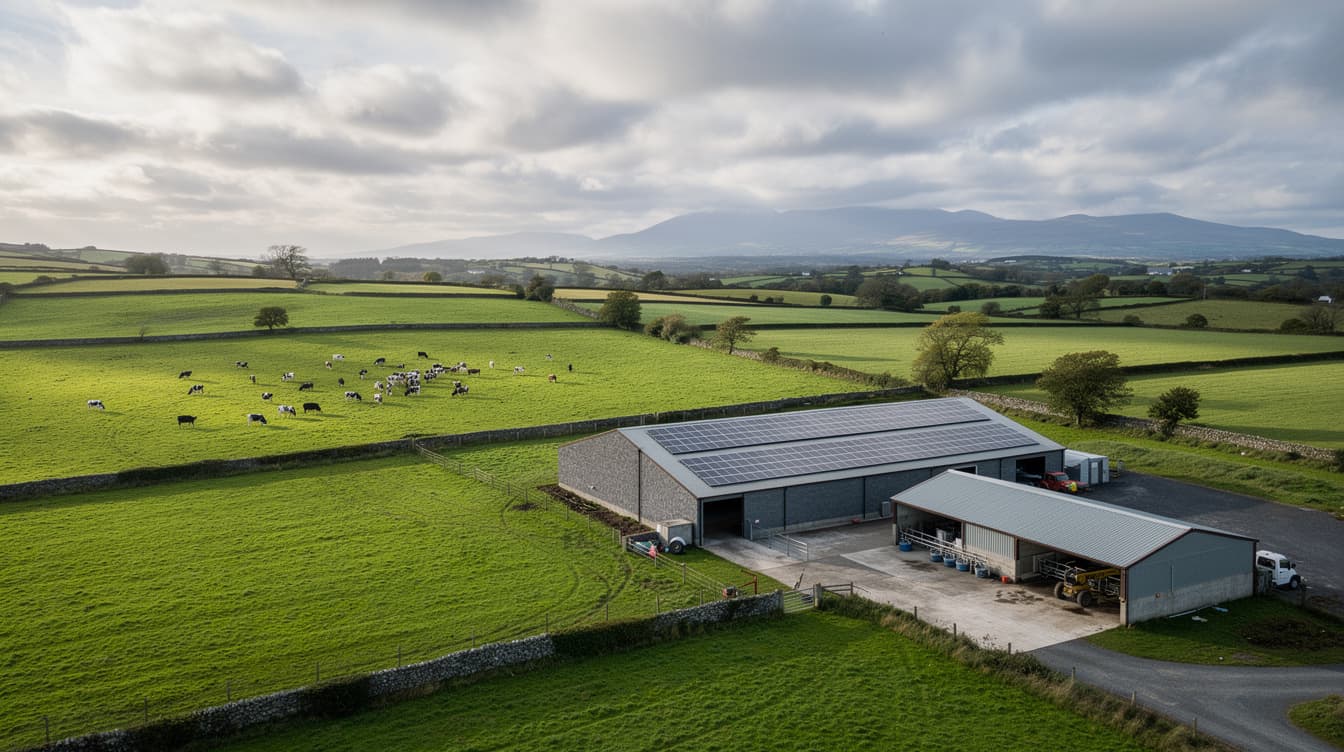 Aerial view of a Donegal dairy farm in the Lifford basin with slate-grey solar PV panels on a south-facing parlour roof and adjacent machinery shed, green grazing fields with cattle stretching toward distant Sperrin Mountains under a cloudy bright Atlantic sky