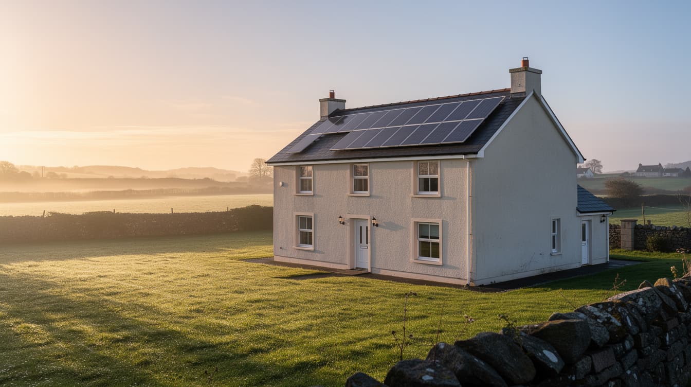 Sunrise over an Irish detached home with solar panels on the east-facing roof