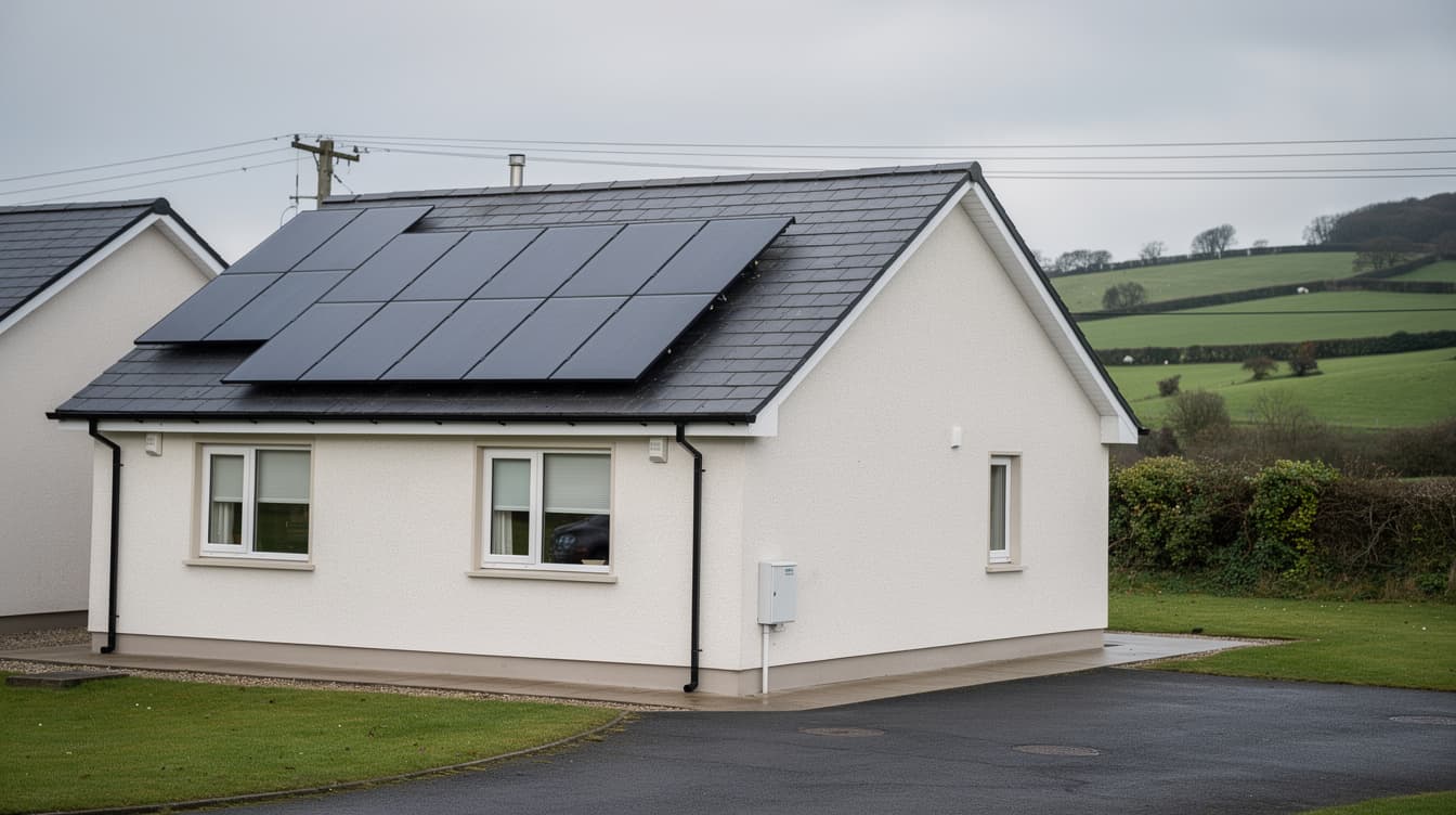 Irish bungalow with new rooftop solar panels and ESB Networks meter box on the side wall, green countryside in the background