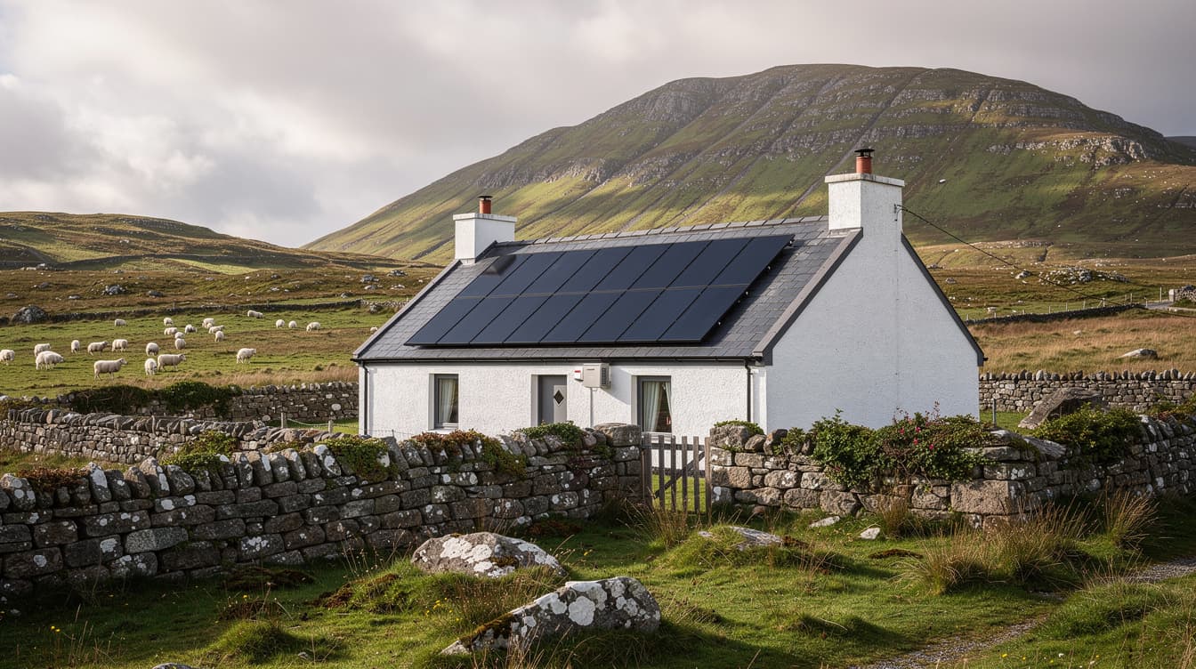 Whitewashed Irish cottage with solar panels in west Galway Connemara landscape