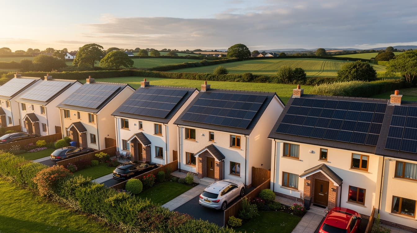 Aerial view of Irish semi-detached homes with solar panels on south-facing roofs