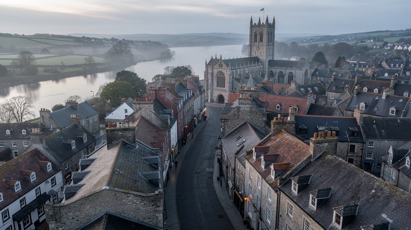 Aerial view of medieval Kilkenny city rooftops with St Canice's tower in the background and the River Nore
