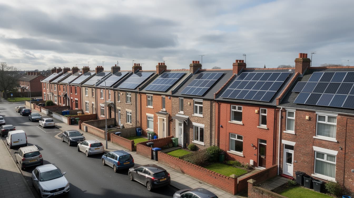 Aerial view of a row of Irish terraced rental houses with solar panels installed on the roofs