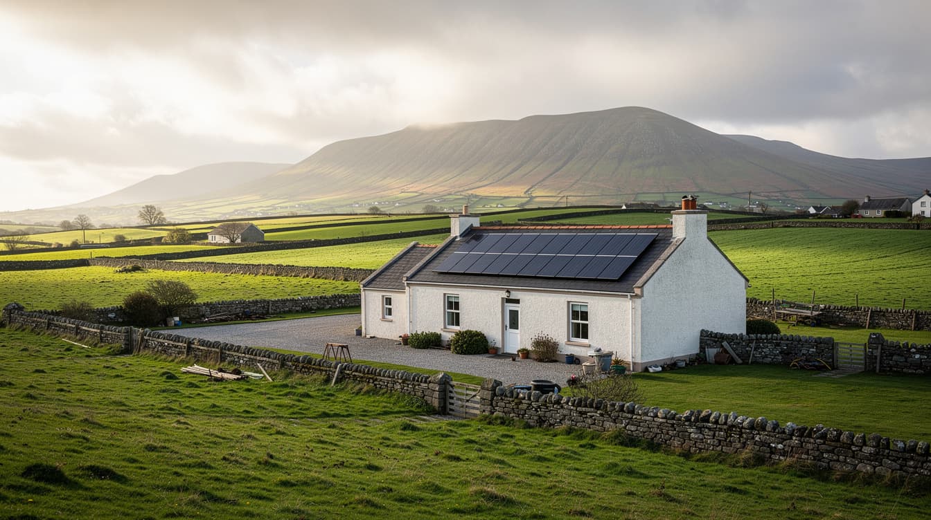 Irish farmhouse with solar panels in Limerick countryside, Galtee Mountains in background