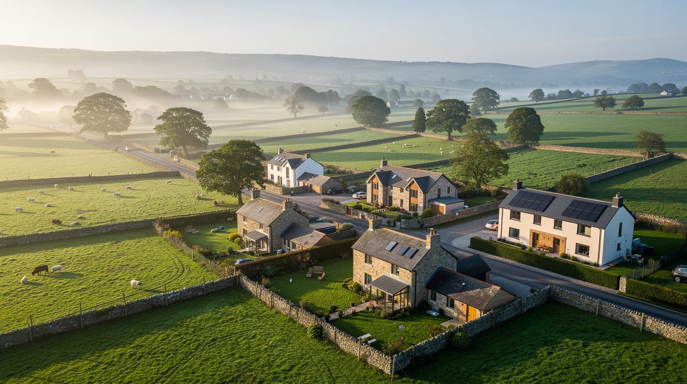 Meath countryside village with stone cottages and modern homes topped with solar panels overlooking the Boyne Valley
