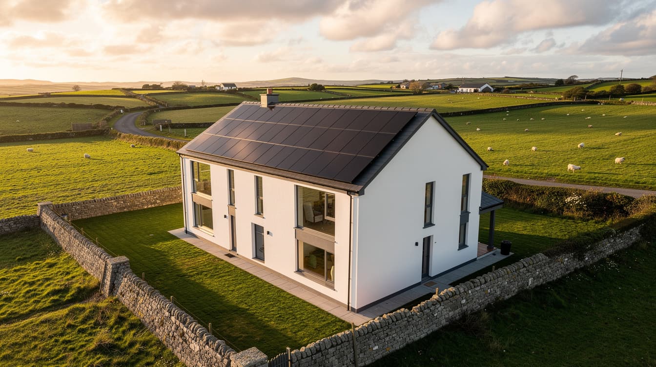 Irish detached house with newly installed solar PV array on south-facing roof at golden hour