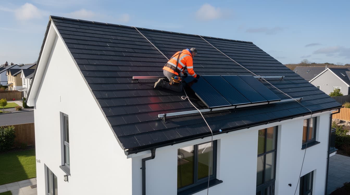 Professional installer in safety harness fitting solar panels to the roof of an Irish home