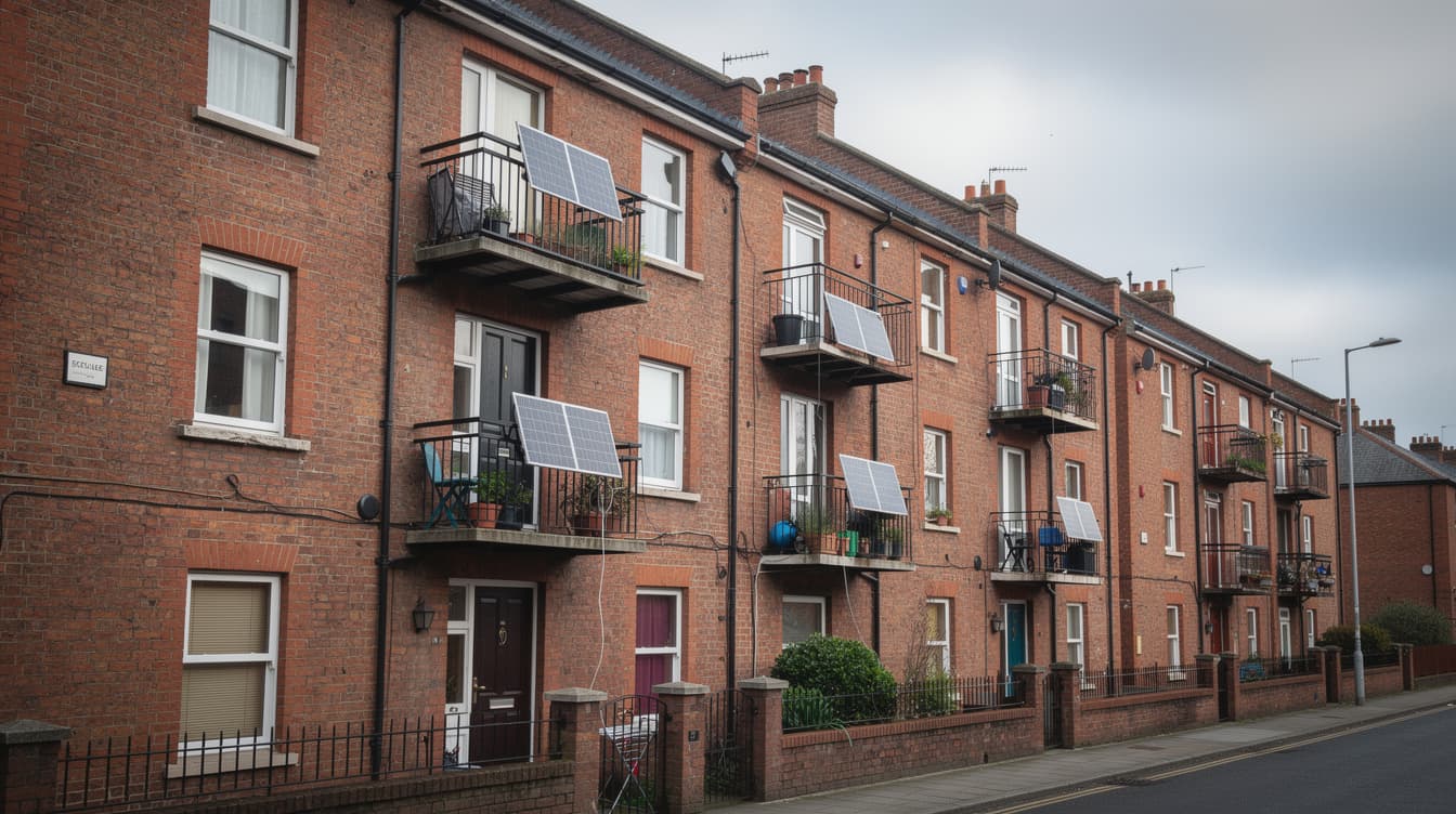 Red brick Dublin apartment block with small portable solar panels on multiple balconies