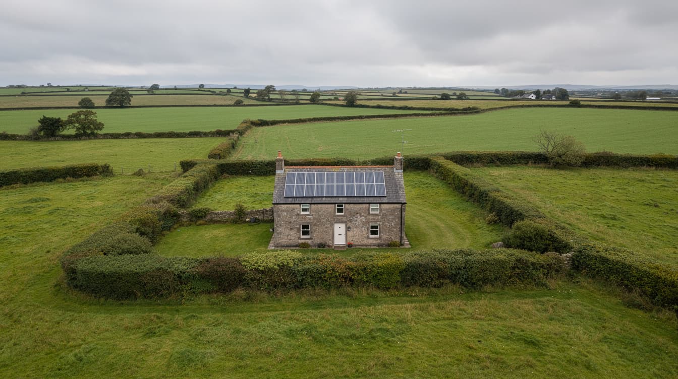 Detached Roscommon farmhouse with rooftop solar panels surrounded by flat green Shannon callows fields under a cloudy Midlands sky