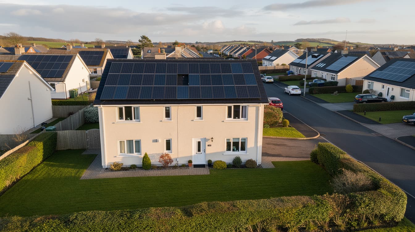 Aerial view of an Irish suburban detached home with newly installed solar panels on the south-facing roof