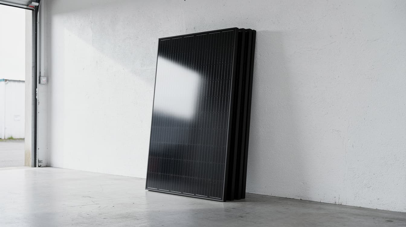 Stack of monocrystalline solar panels in an Irish PV wholesaler warehouse