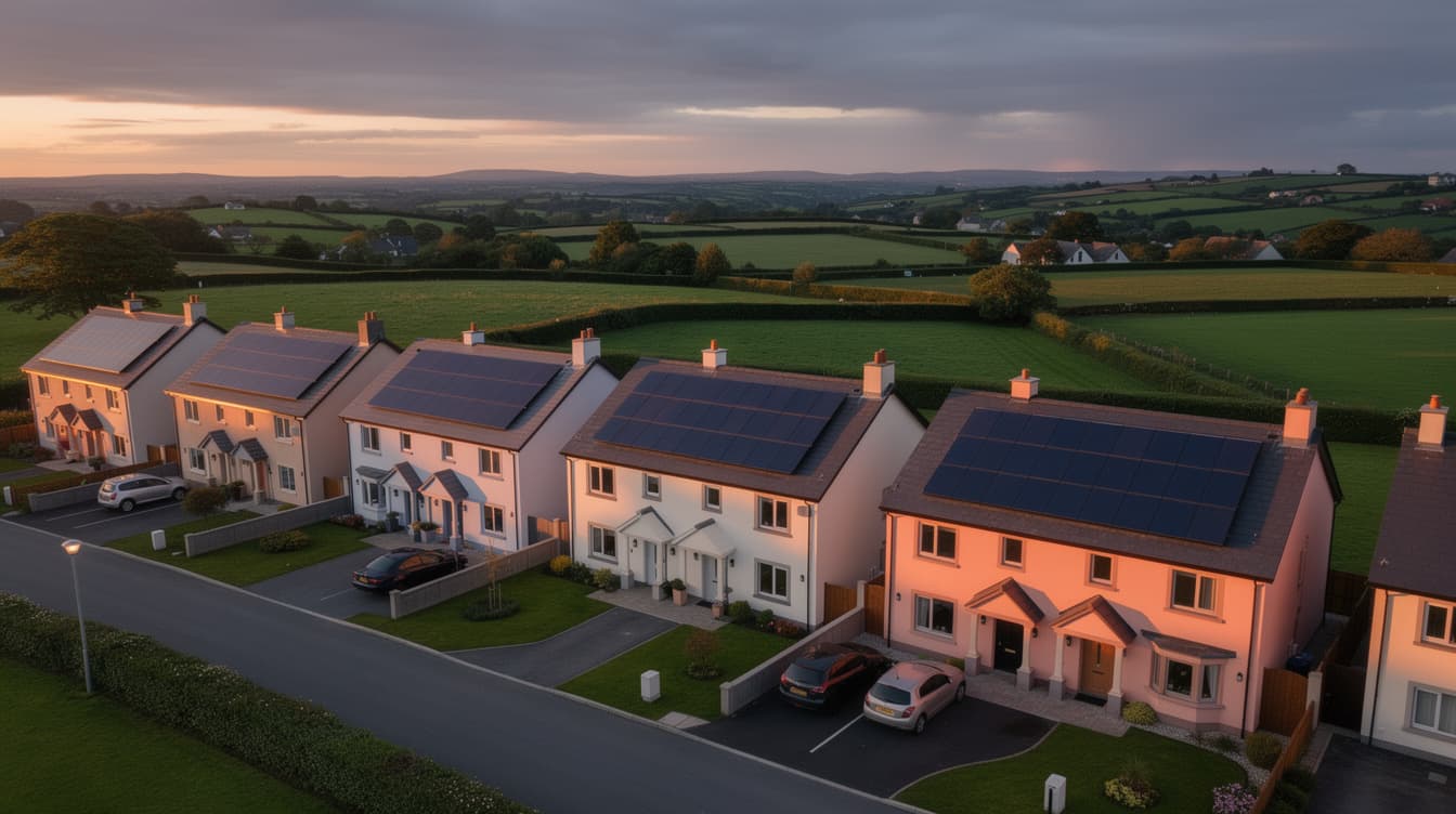Aerial view of a row of Irish suburban houses with solar panels at dusk, warm sunset glow with green countryside in the background