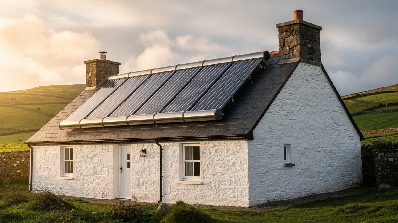 Evacuated tube solar thermal collectors mounted on a traditional Irish cottage roof in Kerry