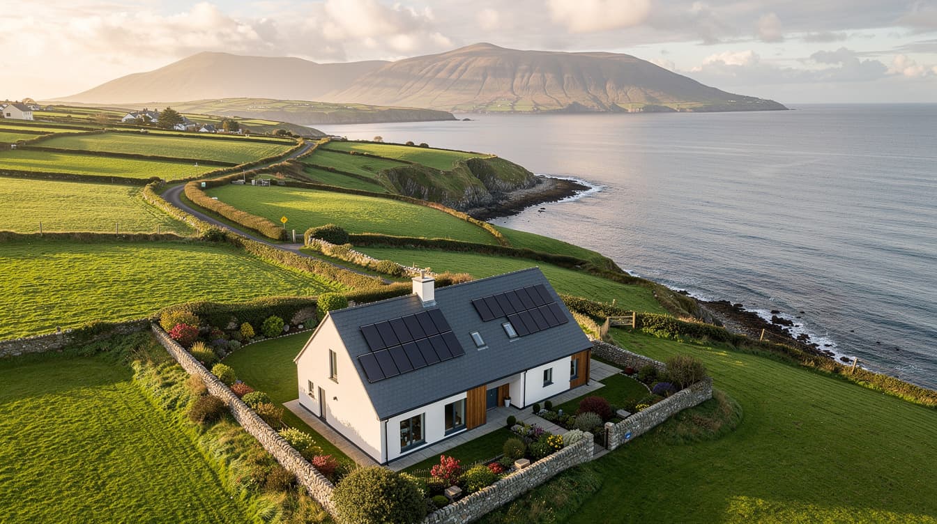 Aerial view of Waterford coastline with modern home with solar panels and Comeragh Mountains in distance
