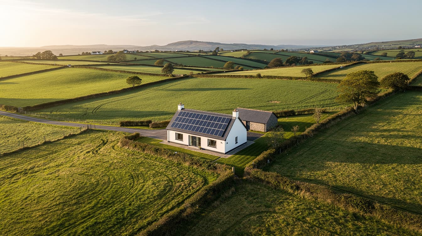 Aerial view of Wexford farmhouse with rooftop solar panels at golden hour, rolling green fields
